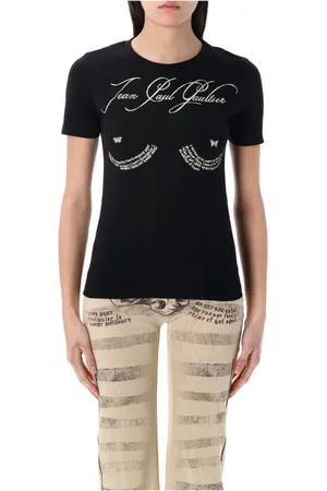 Jean Paul Gaultier Koszulki, Kobieta, Czarny, S, Czarna Koszulka z Graficznym Nadrukiem Slim Fit