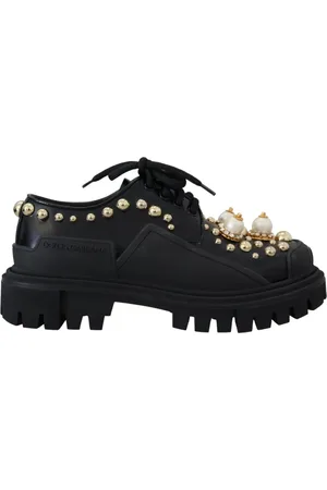 Dolce & Gabbana Buty, Kobieta, Czarny, 36 EU, Skóra, Czarny trekkingowy derby z złotymi ćwiekami