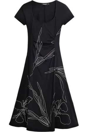 Desigual Sukienki, Kobieta, Czarny, XS, Kwiatowa Czarna Sukienka Krótki Rękaw Okrągły Dekolt