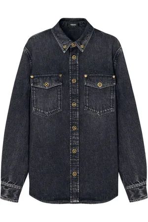 VERSACE Koszule, Mężczyzna, Czarny, L, Denim, Czarna Koszula Denimowa Guziki Głowa Meduzy