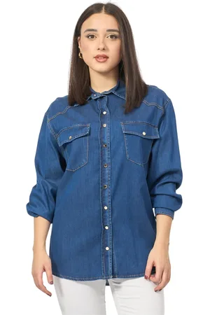 Fracomina Bluzki, Kobieta, Niebieski, XS, Denim, Niebieska Koszula Regularna z Denimu i 3/4 Rękawami