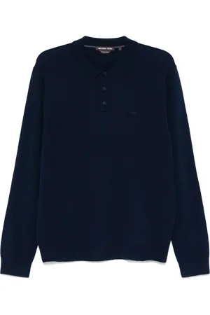 Michael Kors Koszulki, Mężczyzna, Niebieski, M, Wełna, Koszulka polo z długim rękawem z merino