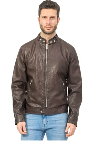 YES ZEE BY ESSENZA Kurtki, Mężczyzna, brązowy, M, Brązowa Kurtka Skórzana Fullzip Guziki Kieszenie