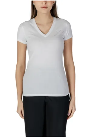 Armani Exchange Koszulki, Kobieta, Biały, 2XL, Biała koszulka z bawełny z dekoltem w serek