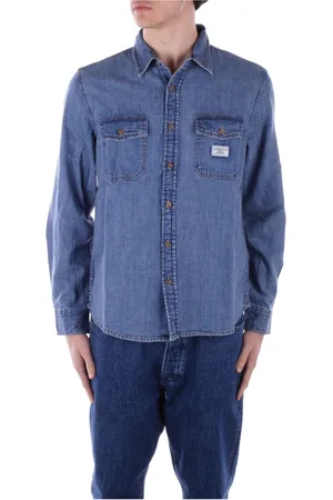 Guess Koszule, Mężczyzna, Niebieski, XL, Denim, Denim Koszula z Logo Dwoma Kieszeniami