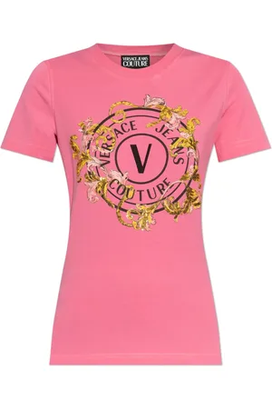 VERSACE Koszulki, Kobieta, Różowy, M, T-shirt z nadrukiem i połyskującymi aplikacjami