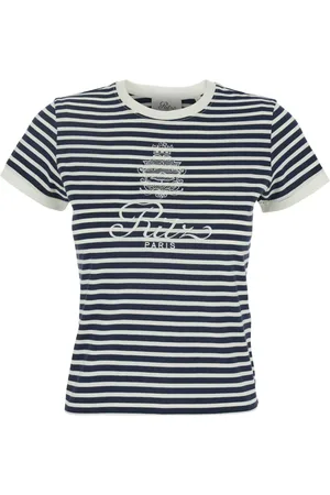 Frame Koszulki, Kobieta, Niebieski, L, Paris Logo Print Paski Crewneck T-Shirt