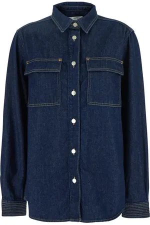 Frame Bluzki, Kobieta, Niebieski, S, Denim, Niebieska Oversize Trapunto Koszula z Klasycznym Kołnierzem