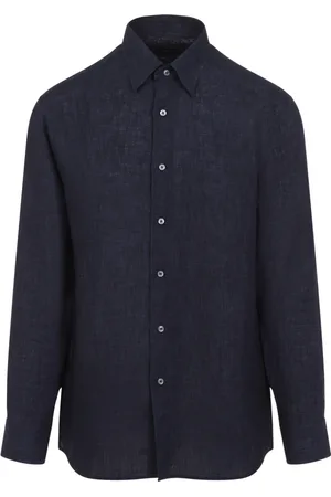 BRIONI Koszule, Mężczyzna, Niebieski, S, Niebieska Koszula Lniana Ss 25