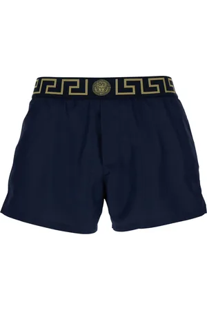 VERSACE Stroje kąpielowe, Mężczyzna, Niebieski, M, Niebieskie szorty kąpielowe z detalami Greca