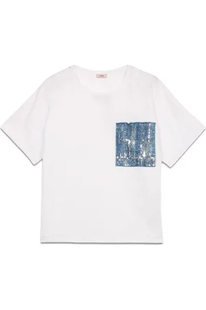 Oltre Koszulki, Kobieta, Biały, L, Bawełna, T-shirt z kieszenią dżinsową i cekinami