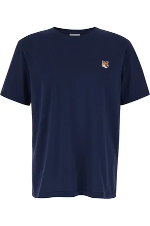 Maison Kitsuné Koszulki, Mężczyzna, Niebieski, L, Fox Head Patch Crewneck T-shirt