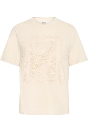 Ichi Koszulki, Kobieta, Beżowy, XS, Bawełna, Haftowany T-shirt Mleko Migdałowe