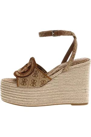Guess Buty, Kobieta, Beżowy, 36 EU, Beżowe Sandały na Wysokim Obcasie z Plecioną Platformą