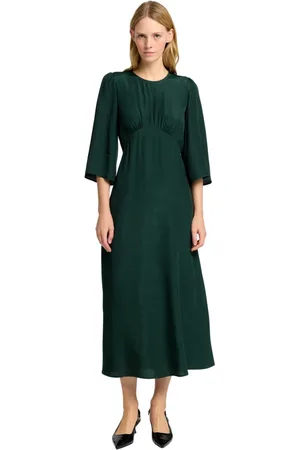 SELECTED Sukienki, Kobieta, Zielony, M, Len, Elegancka Zielona Sukienka Midi z 3/4 Rękawami