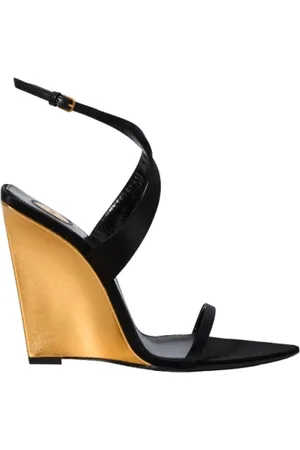 Saint Laurent Buty, Kobieta, Czarny, 38 EU, Czarne sandały na koturnie z paskiem na kostkę