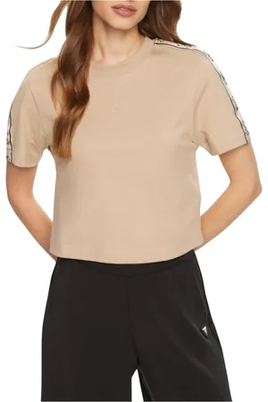 Guess Koszulki, Kobieta, Beżowy, XS, Britney Crop Tee w Beżowym Bawełnie