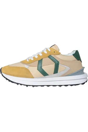Mikakus Buty, unisex, Wielobarwność, 45 EU, Zamsz, Beżowe Zamszowe Sneakersy z Zielonymi Akcentami Skóry