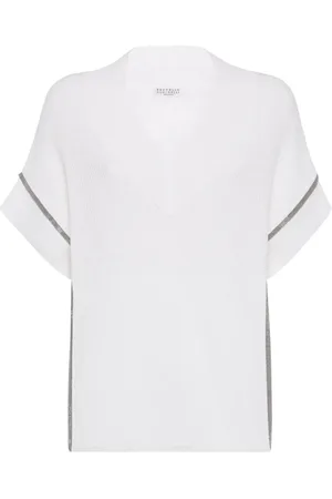 Brunello Cucinelli Swetry, Kobieta, Biały, M, Biała sweter z dekoltem w serek Dzianina Ss 25