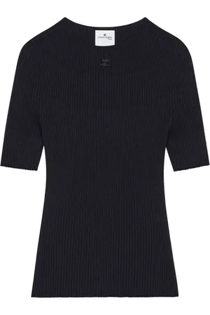 Courrèges Swetry, Kobieta, Niebieski, XS, Niebieski Sweter z Logo Drobno Żebrowany Dekolt