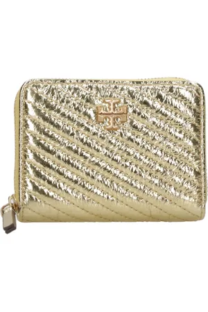 Tory Burch Akcesoria, Kobieta, Żółty, ONE SIZE, Złota Nappa Chevron Portfel z Logo