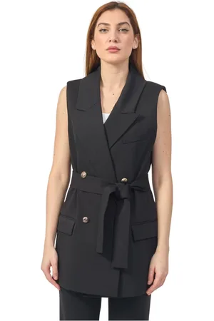 YES ZEE BY ESSENZA Kurtki, Kobieta, Czarny, XS, Nylon, Czarna Długa Dwurzędowa Kurtka z Paskiem