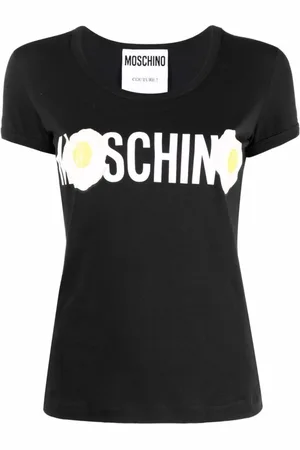 Moschino Koszulki, Kobieta, Czarny, S, Czarna koszulka z logo i wzorem jajka na patelni