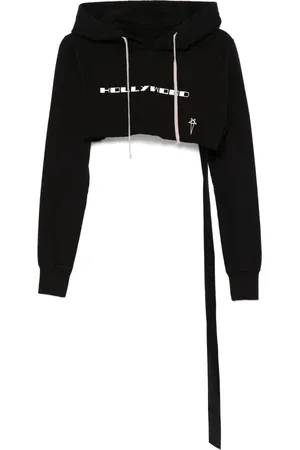 Rick Owens Bluzy, Kobieta, Czarny, L, Czarny Cropped Bluza z Kapturem i Nadrukiem