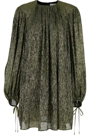Chloé Sukienki, Kobieta, Szary, S, Metallic Crewneck Puffed Sleeves Sukienka Kobieta