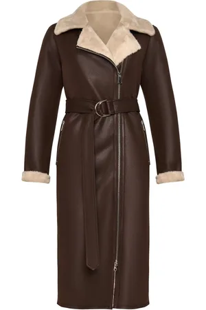 CESARE GASPARI Płaszcze, Kobieta, brązowy, XL, Skóra, Brązowy Faux Reversible Shearling Długi Płaszcz