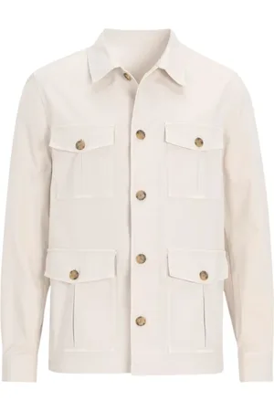 Oscar Jacobson Kurtki, Mężczyzna, Beżowy, M, Bawełna, Biała Safari Bawełniana Overshirt z Stretchem