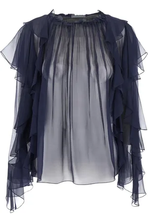 Alberta Ferretti Bluzki, Kobieta, Niebieski, M, Niebieska Koszula z Falbanką z Jedwabnego Chiffonu Kobieta