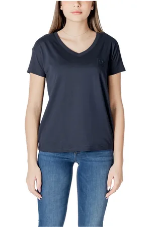Armani Exchange Koszulki, Kobieta, Niebieski, XS, Niebieski T-shirt z bawełny z dekoltem w serek