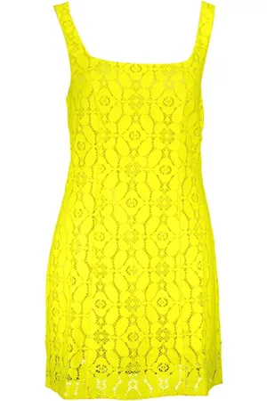 Desigual Sukienki, Kobieta, Żółty, L, Poliester, Elegancka Żółta Sukienka Bez Rękawów Kwadratowy Dekolt