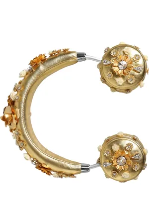 Dolce & Gabbana Akcesoria, Kobieta, Żółty, ONE SIZE, Złote Kwiatowe Słuchawki z Kryształkami
