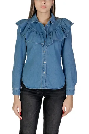 ONLY Bluzki, Kobieta, Niebieski, M, Denim, Niebieska Koszula z Denimu Falbanowym Kołnierzem