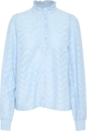 Kaffe Bluzki, Kobieta, Niebieski, XS, Bawełna, Elegancka Bluza z Chambrayu i Pufami