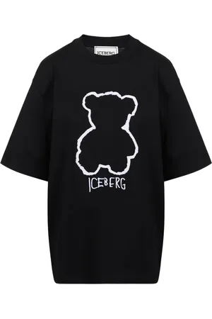 Iceberg Koszulki, Kobieta, Czarny, XS, Czarna koszulka z bawełnianej dzianiny z nadrukiem misia