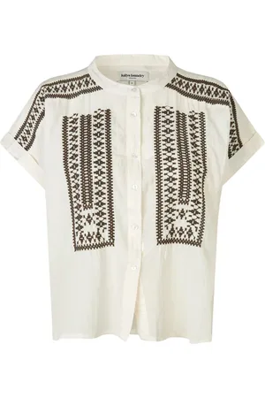 Lollys Laundry Bluzki, Kobieta, Beżowy, XL, Haftowany shirt z ciemnobrązowymi detalami