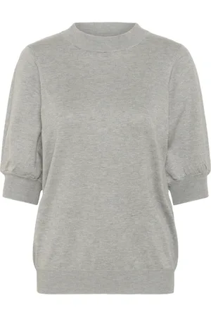 Kaffe Koszulki, Kobieta, Szary, 2XL, Nylon, Kobiecy Sweter z Plisami Szary Melanż