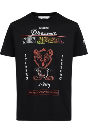 Iceberg Koszulki, Mężczyzna, Czarny, 2XL, Czarna koszulka z bawełny o regularnym kroju z nadrukiem wielobarwnego misia w formacie maxi