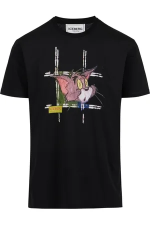 Iceberg Koszulki, Mężczyzna, Czarny, L, Klasyczny, regularny czarny T-shirt z bawełnianej dzianiny z nadrukiem Toma z przodu