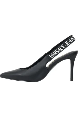 VERSACE Buty, Kobieta, Czarny, 37 EU, Skóra, Czarne Obcasy Slingbacks Logo Instytucjonalne