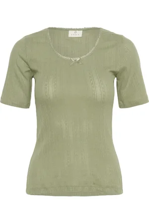 Kaffe Bluzki, Kobieta, Zielony, XS, Bawełna, Zielony T-shirt z Pointelle Top