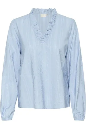 Kaffe Bluzki, Kobieta, Niebieski, XL, Kobieca Bluzka Chambray z Falbaną