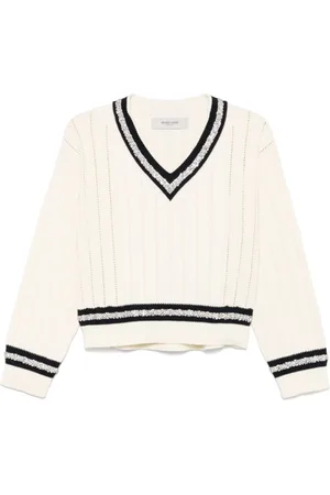 Golden Goose Swetry, Kobieta, Biały, M, Bawełna, Krótki sweter typu Varsity z dekoltem w serek