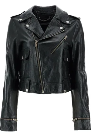 Golden Goose Kurtki, Kobieta, Czarny, XS, Skóra, Lśniąca Czarna Kurtka Biker ze Skóry Owczej