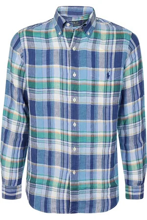 Ralph Lauren Koszule, Mężczyzna, Wielobarwność, M, Len, Wielokolorowa koszula lniana w niebieską kratę
