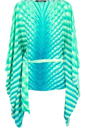 Roberto Cavalli Bluzki, Kobieta, Zielony, M, Zielona sukienka kaftan z nadrukiem