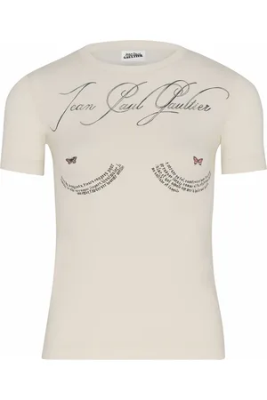 Jean Paul Gaultier Koszulki, Kobieta, Beżowy, M, Tattoo Poem Print Slim Fit T-shirt